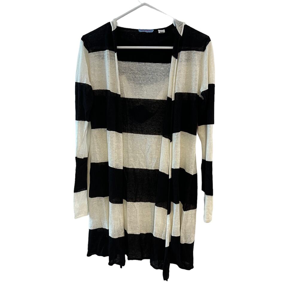 Striped Linen Hooded Cardigan Black White